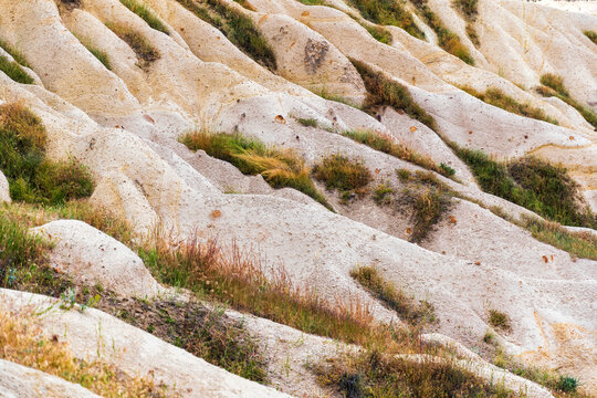 Eroded volcanic tuff hills in Cappadocia, Turkey