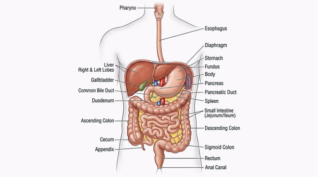 Human digestive system anatomy illustration showing stomach, intestines, liver, and abdominal organs on a medical body model