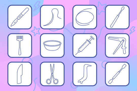 Surgical instruments set icon. Scalpel, retractor, kidney dish, curette, dermatome, specimen basin, injection syringe, forceps clamp, operating blade, medical scissors, orthopedic extractor
