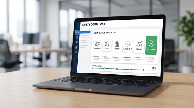 Safety compliance dashboard with workflow progress on laptop screen
