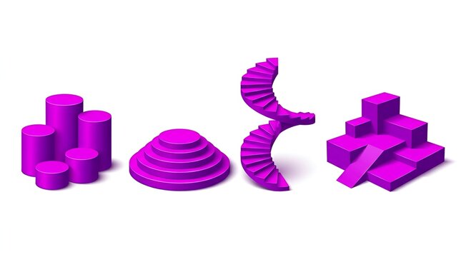 Abstract 3D shapes, purple geometric forms, isometric cylinders, spiral staircase, geometric blocks, modern art design, minimal background, graphic elements