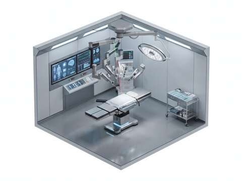 An isometric 3D rendering of a modern futuristic operating room featuring robotic surgery arms, medical monitors with brain scans, an adjustable surgical bed, and a cart with surgical instruments,...
