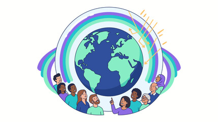 Obraz premium Diverse group of people looking at Earth with a protective atmosphere and sun rays, symbolizing global environmental awareness and community.