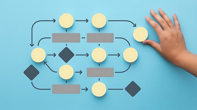Human hand completing a business workflow diagram with yellow circular and blue shapes on a light blue background, for strategic planning