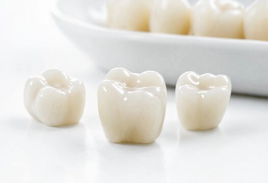Polished ceramic dental crowns displayed on a clean white surface, showcasing natural translucency, glossy porcelain texture, anatomical contours, bright sunlight, and clinical hygiene.