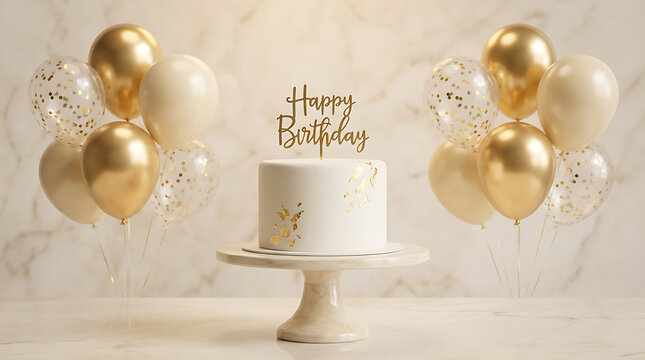 White birthday cake with gold balloons and number twelve topper