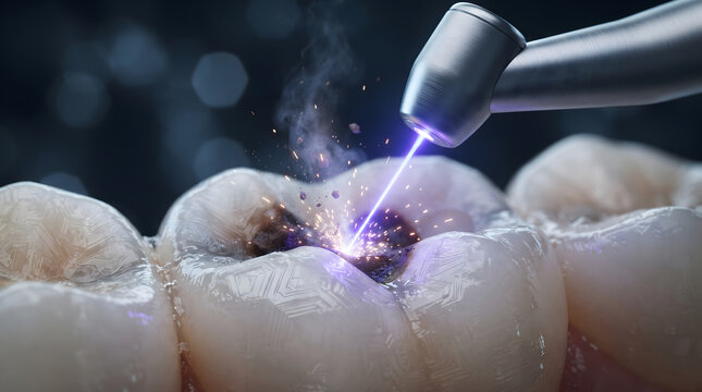 Modern dental laser handpiece performing precise treatment on a decayed human molar tooth. Close-up view showing a purple laser beam targeting a dark cavity, producing sparks, vapor, and flying deb...