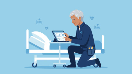 Fototapeta premium Healthcare Professional Using Tablet Beside Hospital Bed