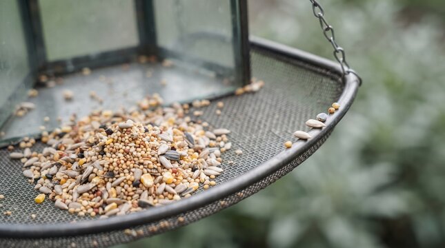 Vibrant seeds spill from a garden bird feeder, creating a lively scene among the greenery. Birds eagerly gather to enjoy this feast in the fresh air.