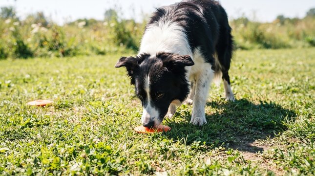 A cheerful border collie roams through a sunlit green field, sniffing a bright orange frisbee resting on the grass. The air is warm, and the dog appears playful and curious.