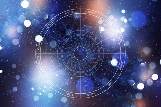 Astrology zodiac signs chart with stars and galaxy background present in night sky