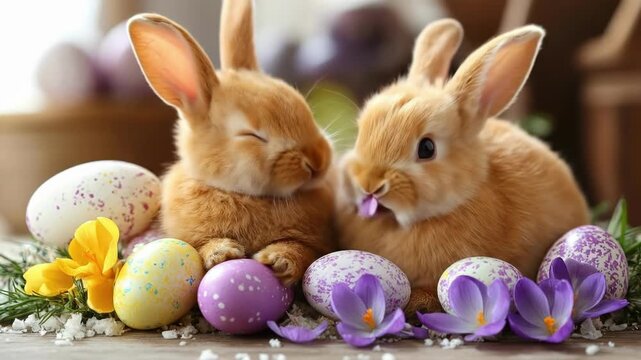 Adorable bunnies among colorful easter eggs and spring flowers. Easter, Pascha, Paskha, Ostern, Pascua, Paques - Orthodox and Catholic Holiday celebration