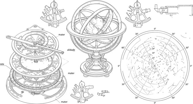 Vintage astronomical navigation instruments armillary sphere astrolabe technical line art CAD drawing flat sketch