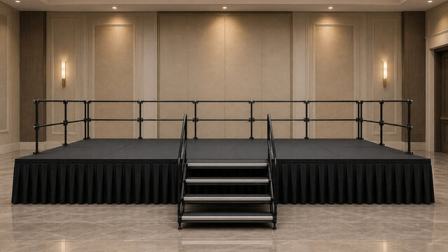 Empty black platform stage with safety railings and central stairs in an elegant, warmly lit hotel ballroom interior.