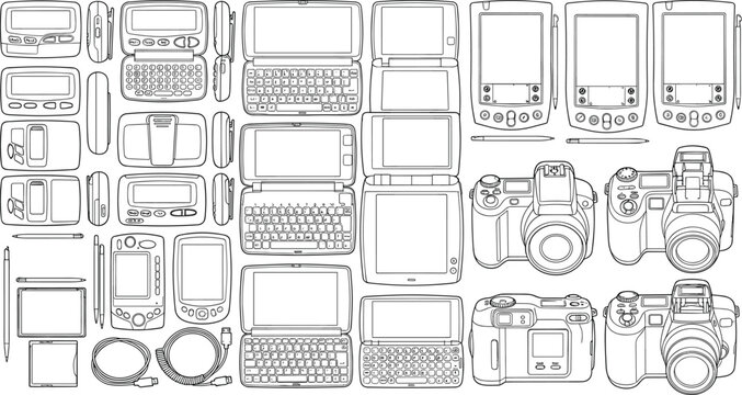 Vintage PDA pager and digital camera technical line art CAD drawing flat sketch set