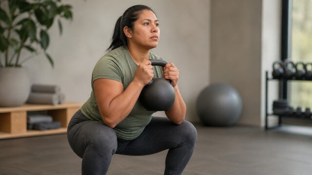 Woman performing a kettlebell goblet squat in a modern home gym. Strength training, fitness lifestyle, healthy exercise, and functional workout concept with copy space.