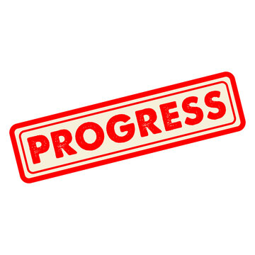 Vintage progress stamp with distressed red text isolated on transparent background