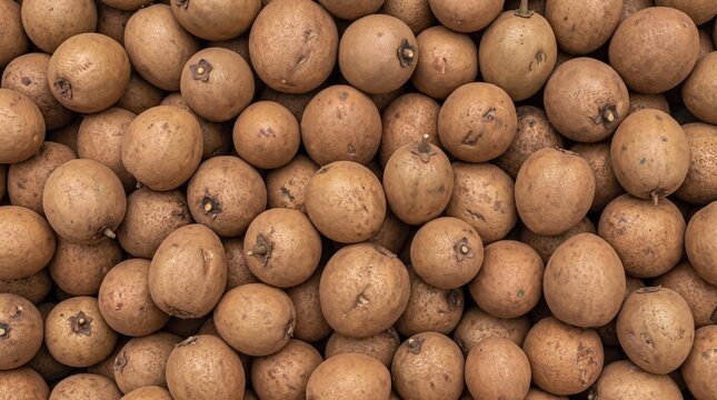 Extreme close up overhead view of fresh sapodilla fruits packed together ideal for food blog website and organic grocery packaging design