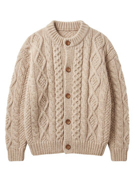 Beige cable knit cardigan sweater with buttons isolated on white background.