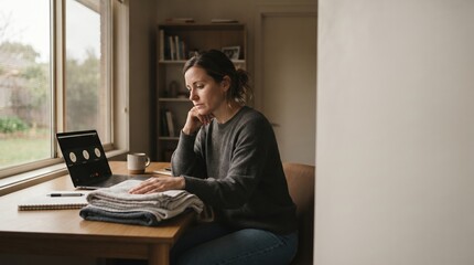 Fototapeta premium A woman sits at a wooden desk in her home, focused on her laptop screen. She has a cup nearby and appears to be organizing folded clothes. Natural light enters through a window.