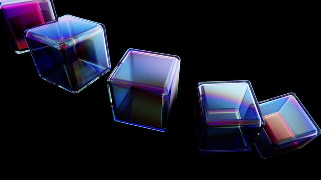 Colorful prismatic light dispersing through rotating glass cubes on a black background. Seamless loop