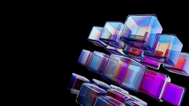 Abstract rotating cubes with chromatic dispersion and reflection creating a vibrant, looping background
