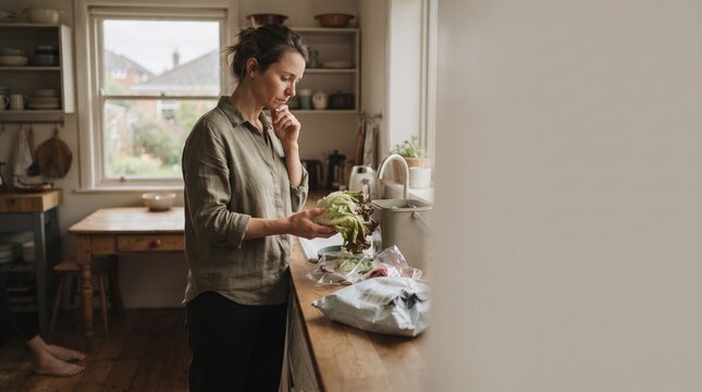 In a bright kitchen, a woman stands at a table looking closely at fresh vegetables. She is getting ready to cook and thinks about her ingredients for the day.