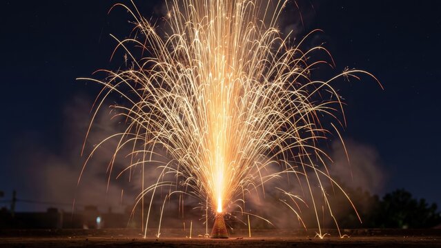 Diwali Fireworks - Golden Anar Flowerpot Burst at Night
