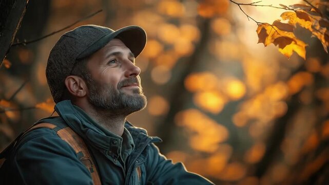 Contemplative caucasian man in autumn forest with sunlight and orange leaves