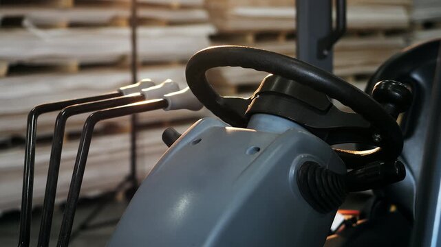 Close-up of forklift steering wheel and control levers inside the operator cabin with stacked materials in the background at an industrial warehouse.