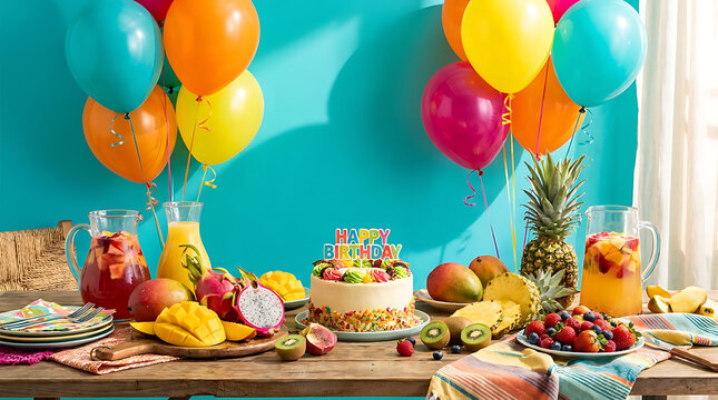 Colorful birthday party table with tropical fruits and balloons