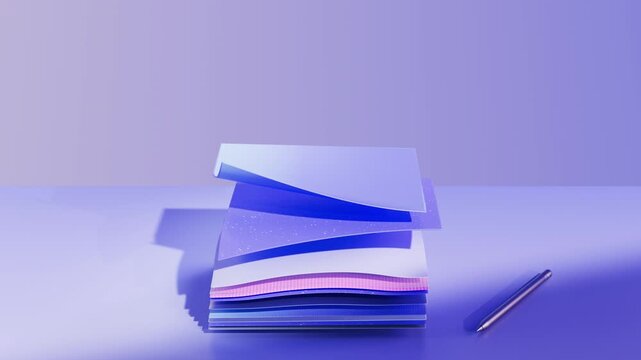 Paper sheets rise one by one from a stack and then settle back into place beside a pen as the camera moves closer in a minimal blue toned 3D animation.