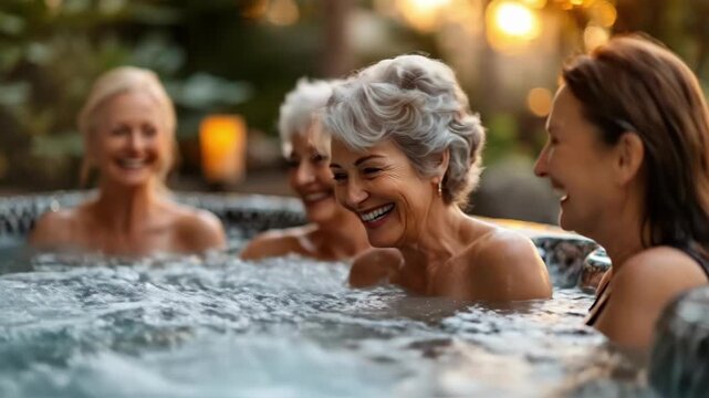 Mature caucasian women relaxing together in jacuzzi at sunset
