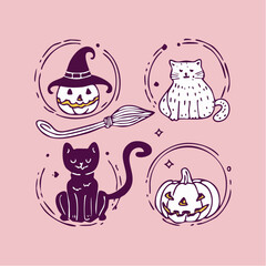 Obraz premium Hand drawn doodle set of halloween icons with cute pumpkins, black and white cats, witch hat and broomstick, spooky holiday celebration concept vector illustration