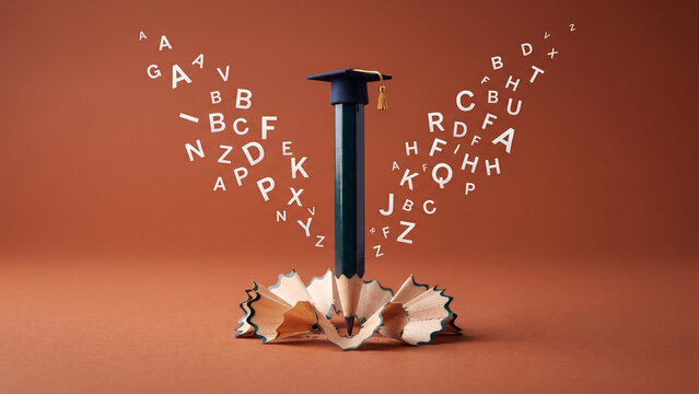 Green pencil with graduation cap and wood shaving surrounded by letters for literacy knowledge, school celebration, school event