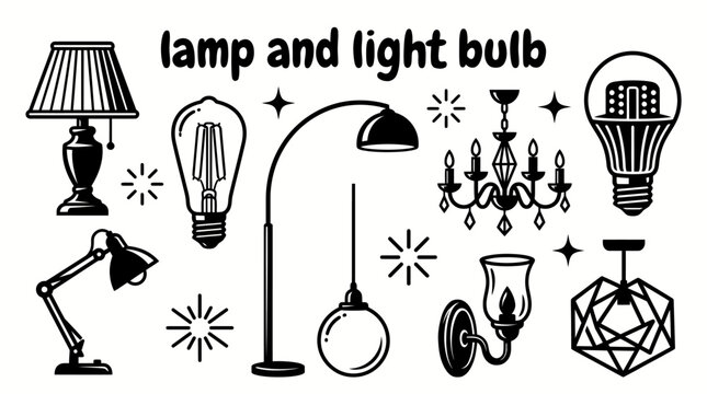 lamps and light bulbs featuring table lamps floor lamps pendant lights chandeliers LED bulbs vintage bulbs desk lamps wall sconces and modern lighting fixtures vector illustration home interiors