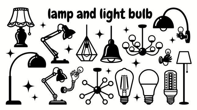 lamps and light bulbs featuring table lamps floor lamps pendant lights chandeliers LED bulbs vintage bulbs desk lamps wall sconces and modern lighting fixtures vector illustration home interiors