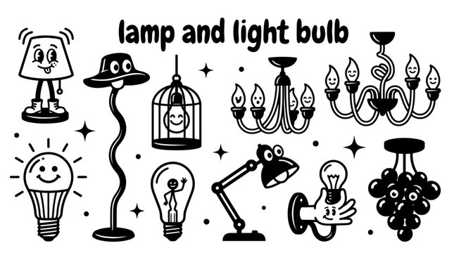 lamps and light bulbs featuring table lamps floor lamps pendant lights chandeliers LED bulbs vintage bulbs desk lamps wall sconces and modern lighting fixtures vector illustration home interiors