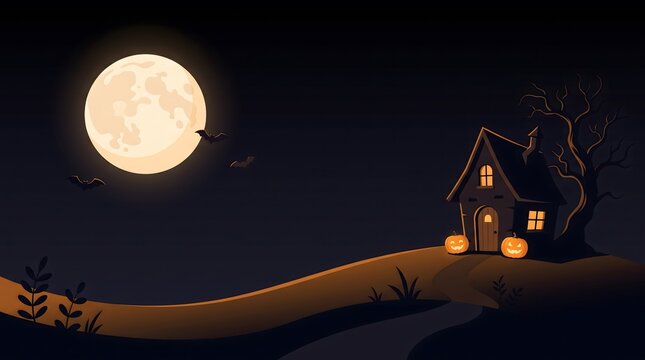 A spooky haunted house sitting on a large tree branch under a bright full moon at night time