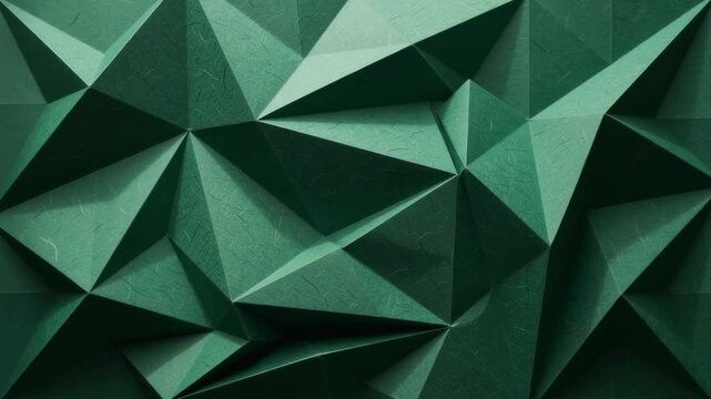 Abstract green geometric low poly background video clip featuring sharp triangular shapes and textured paper surface.