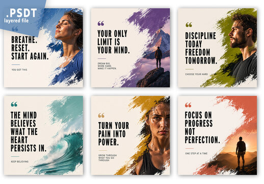 Social media mental health and fitness template with paint brush masked design layout.