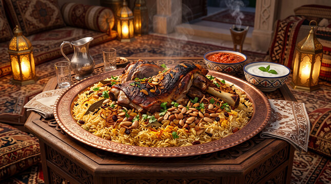 Arabian Lamb Mandi Dish with Saffron Basmati Rice, Fried Nuts, and Ramadan Lantern Accent
