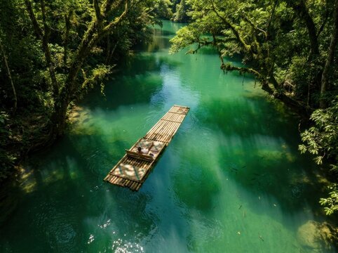 High angle top view of traditional bamboo raft drifting on clear emerald green river