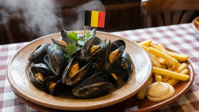 Typical Belgian dish of mussels with potatoes.