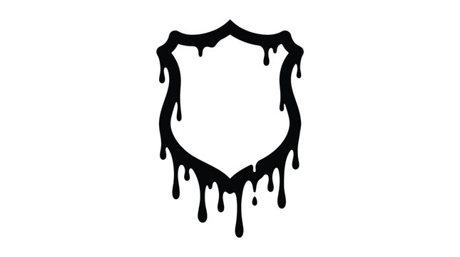 Dripping black paint shield vector, melting liquid coat of arms icon, gothic street art crest graphic isolated on White Background halloween