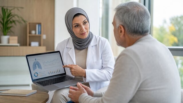 Woman doctor explaining lung health chart to senior man during medical consultation. Patient education, respiratory care, diagnosis and healthcare communication concept.