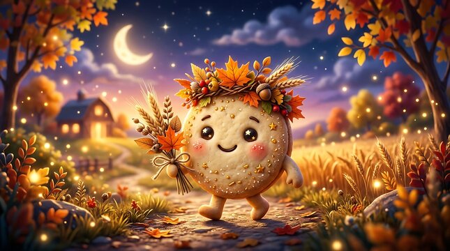 Cute cartoon cookie character walking in a magical autumn landscape at night.
