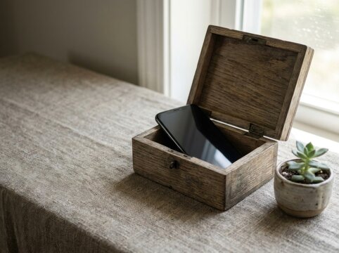 Smartphone charging securely inside elegant carved wooden lock box on window table