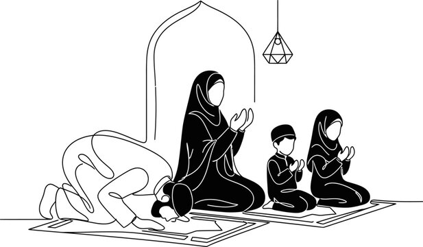 Muslim family praying together inside mosque continuous line vector illustration silhouette.