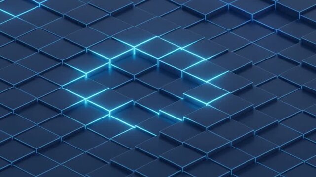 Dark Isometric Cube Block Grid Pattern Video Background with Neon Blue Light Seams.